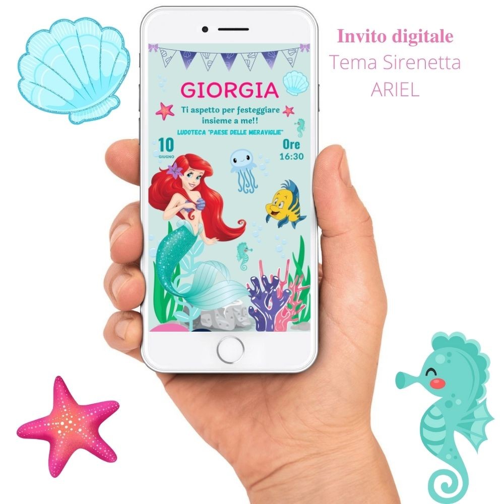 invito digitale tema la sirenetta ARIEL, personalized invite little mermaid